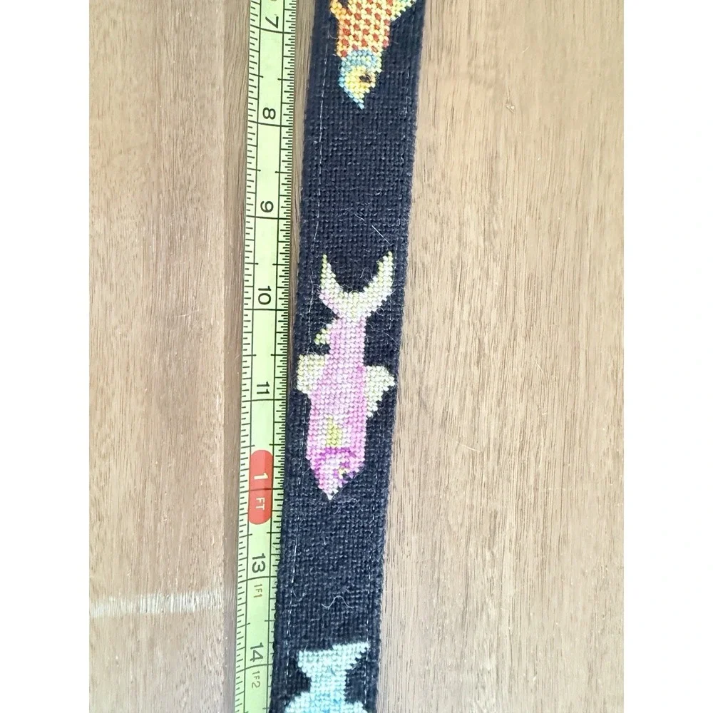 Handmade belt Needlepoint Fish  Mahi Leather Canvas Brass Buckle USA Sz 32 S/M
